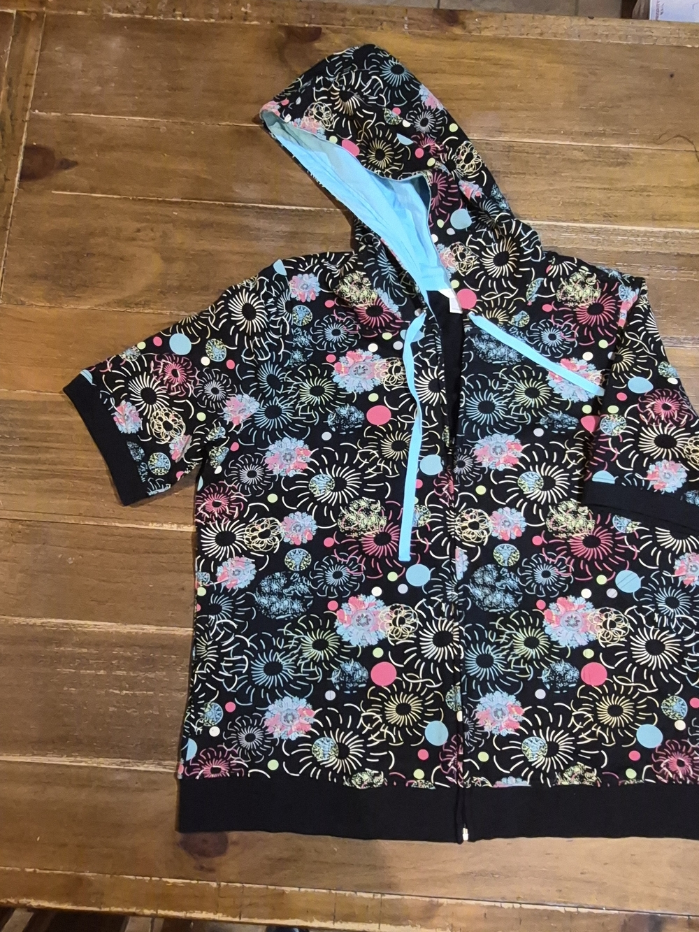 Christopher & Banks Floral Zip Hoodie Jacket Short Sleeve Black Blue